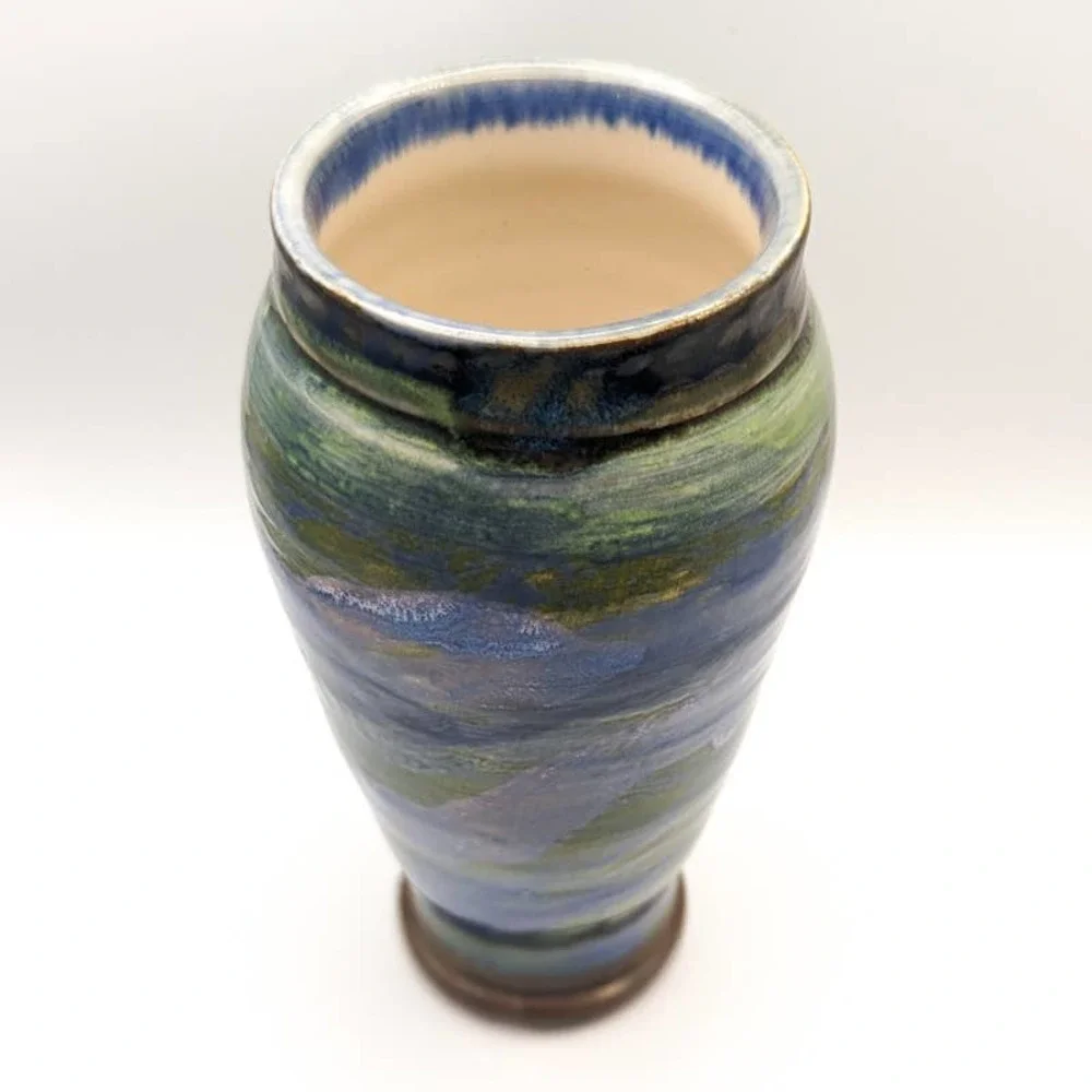 Vintage Studio Pottery Vase with Blues Teals Greens Signed Cynthia Young